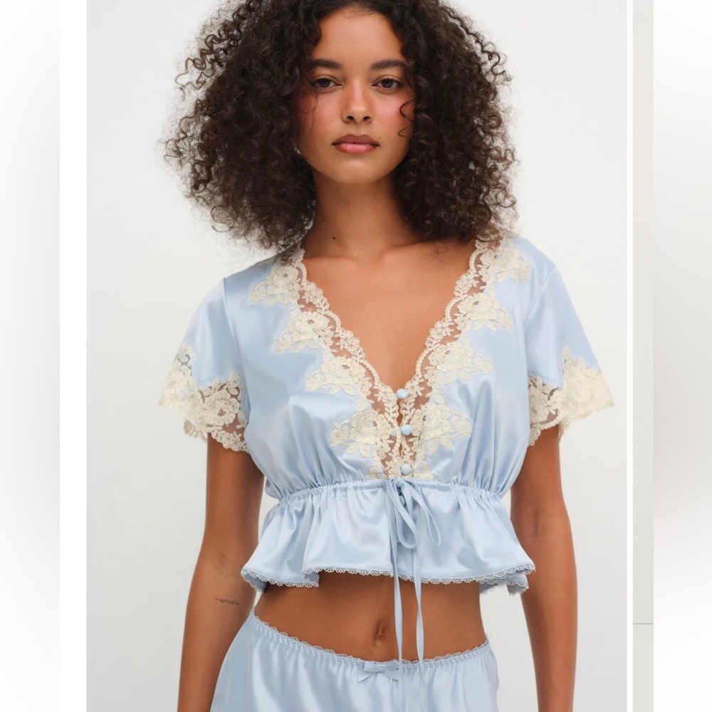 NWT For Love & Lemons Lace Trim Sweetheart Blue Blouse Top Size XS